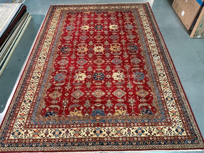 Magnificent Super Kazak Rug 9.1x12.6: Title:Magnificent Super Kazak Rug 9.1x12.6 Description:9.1x12.6 Super quality Kazak Rug, hand spun and hand knotted rug in Pakistan 100% Vegge Dye natural wool pile , in silky high sheen Red , Ivory