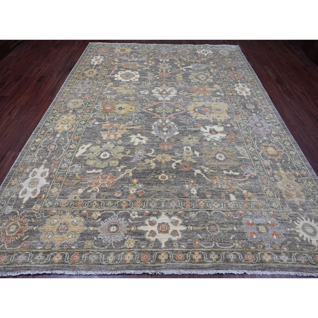 Walnut Brown Afghan Angora Oushak Leaf Design Hand Knotted Wool Rug - 2
