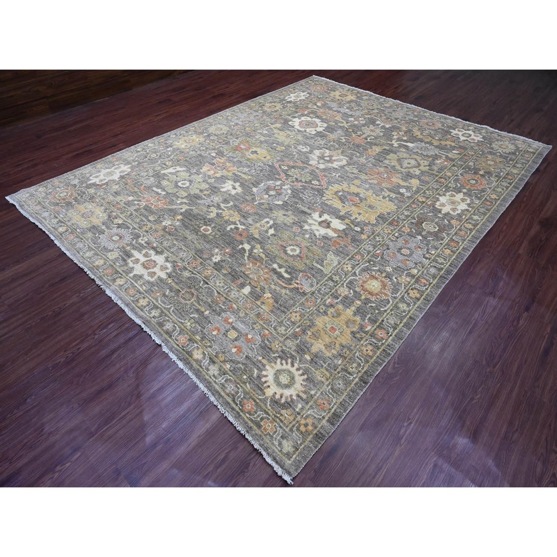 Walnut Brown Afghan Angora Oushak Leaf Design Hand Knotted Wool Rug - 3