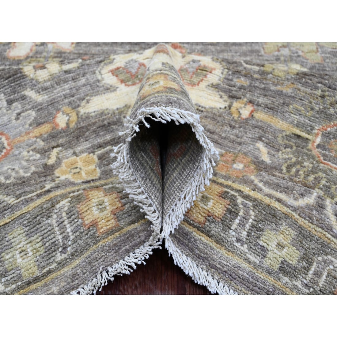 Walnut Brown Afghan Angora Oushak Leaf Design Hand Knotted Wool Rug - 5