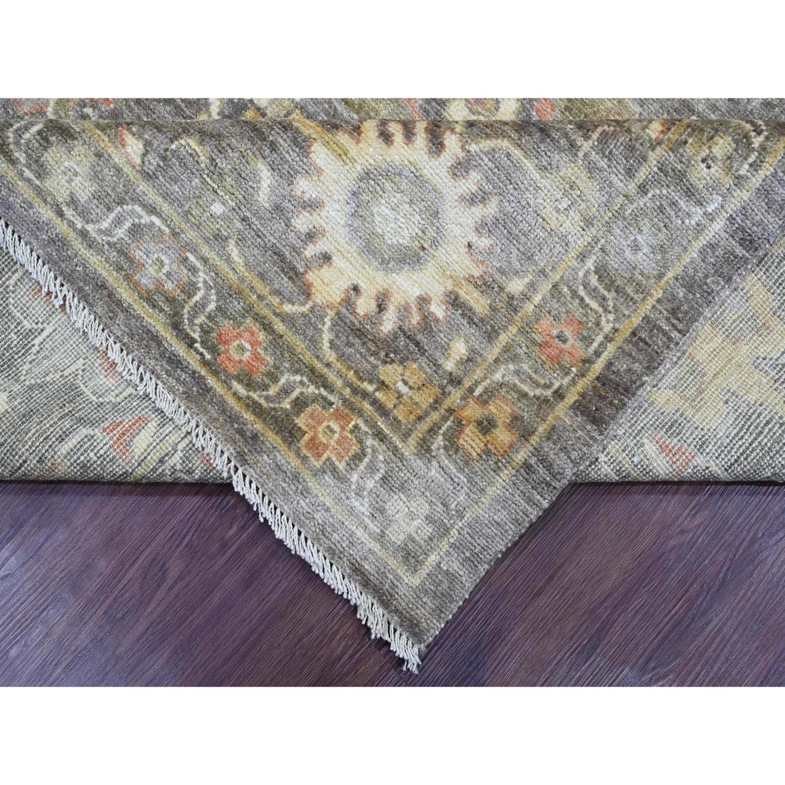 Walnut Brown Afghan Angora Oushak Leaf Design Hand Knotted Wool Rug - 6