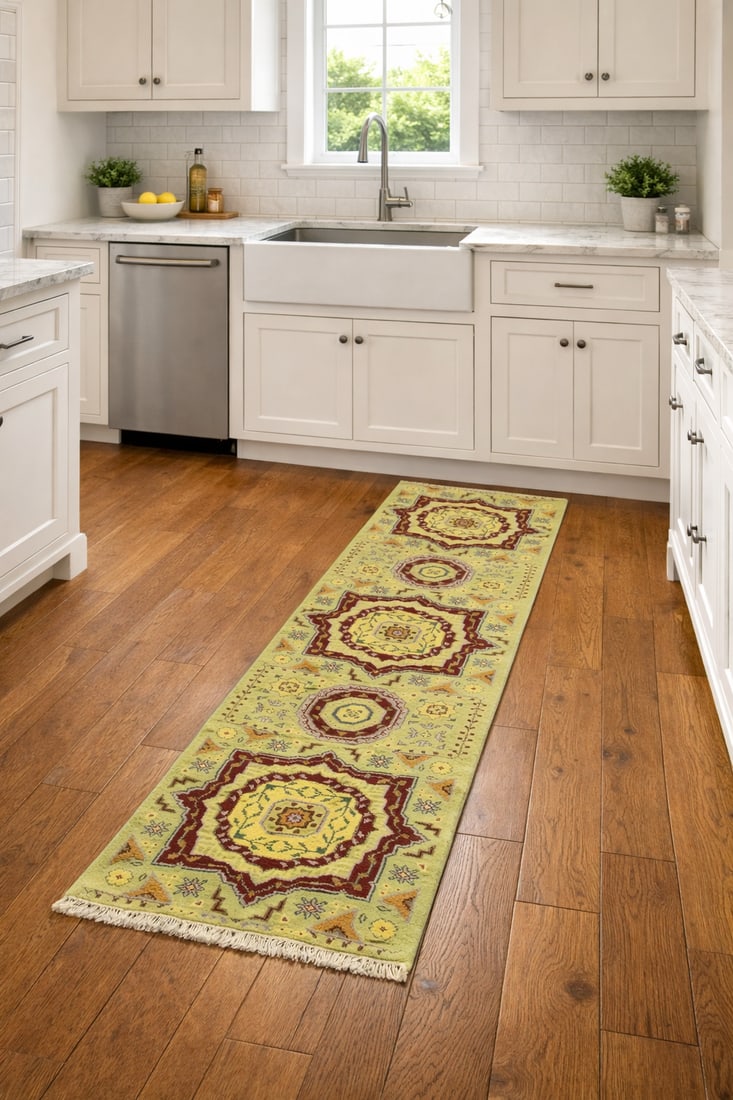 Light Lime Green Floral 2'7X9'7 Heriz Serapi Oriental Runner Rug - 2
