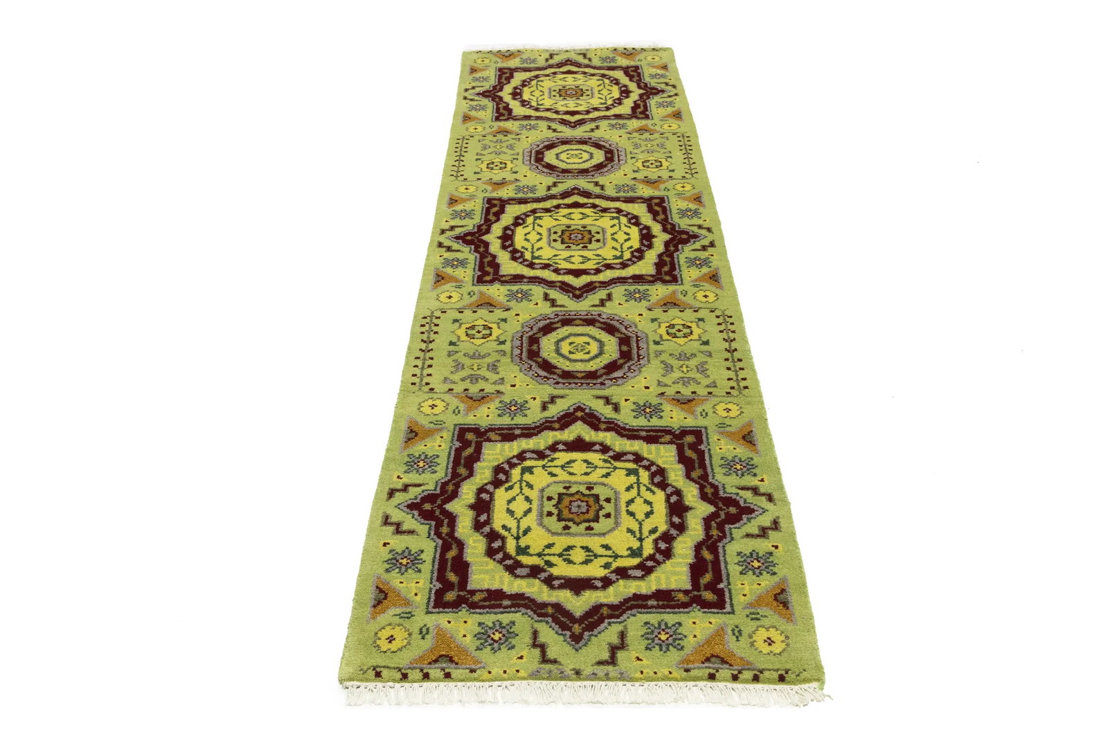 Light Lime Green Floral 2'7X9'7 Heriz Serapi Oriental Runner Rug - 3