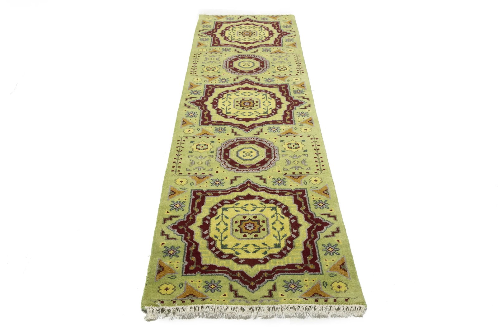 Light Lime Green Floral 2'7X9'7 Heriz Serapi Oriental Runner Rug - 5