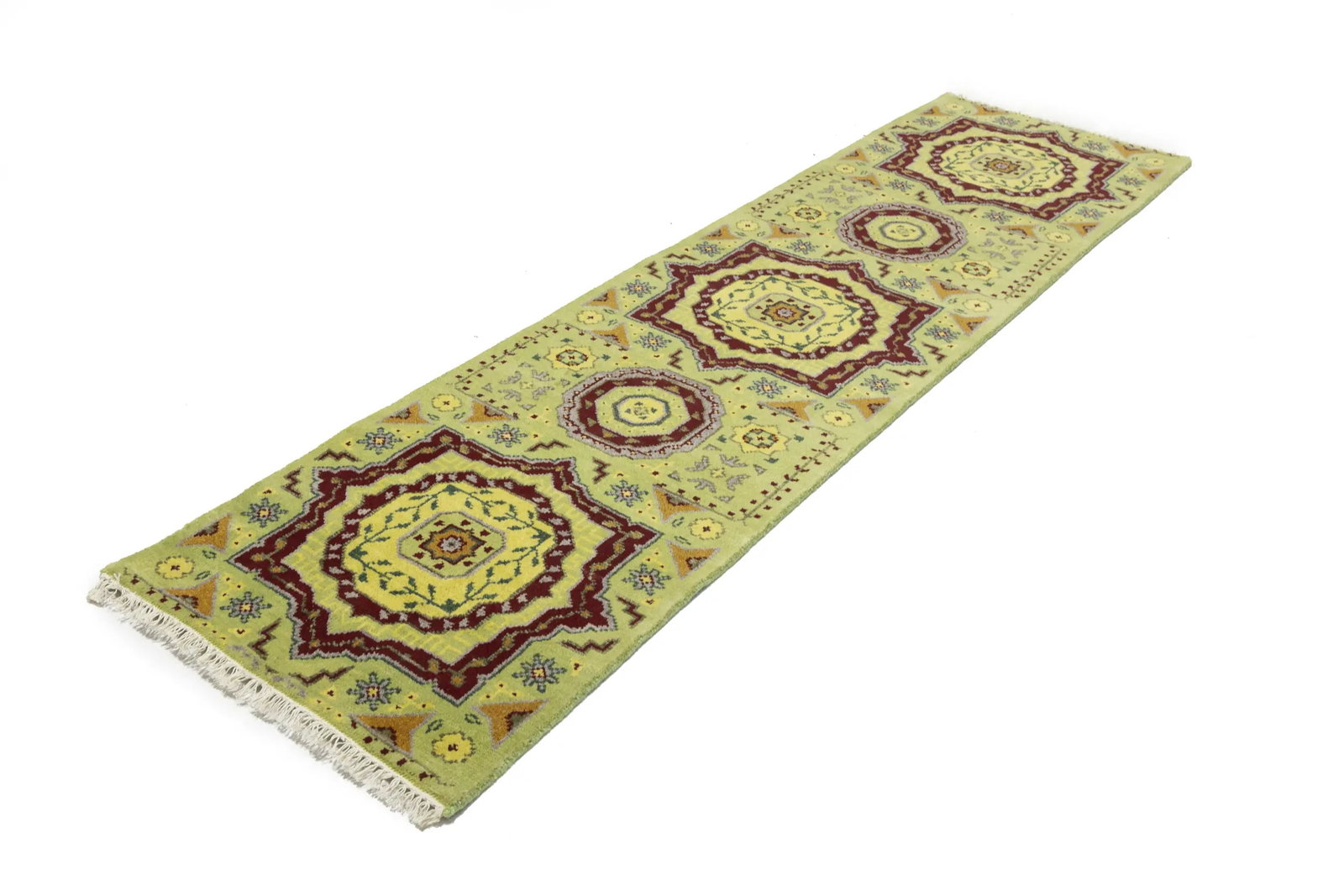 Light Lime Green Floral 2'7X9'7 Heriz Serapi Oriental Runner Rug - 6
