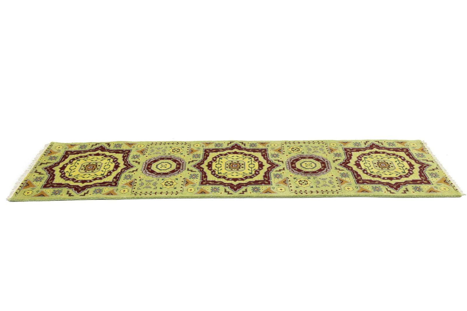 Light Lime Green Floral 2'7X9'7 Heriz Serapi Oriental Runner Rug - 7