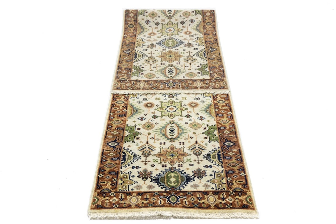 Cream & Rust Tribal Geometric 3X10 Indo-Karajeh Oriental Runner Rug - 16