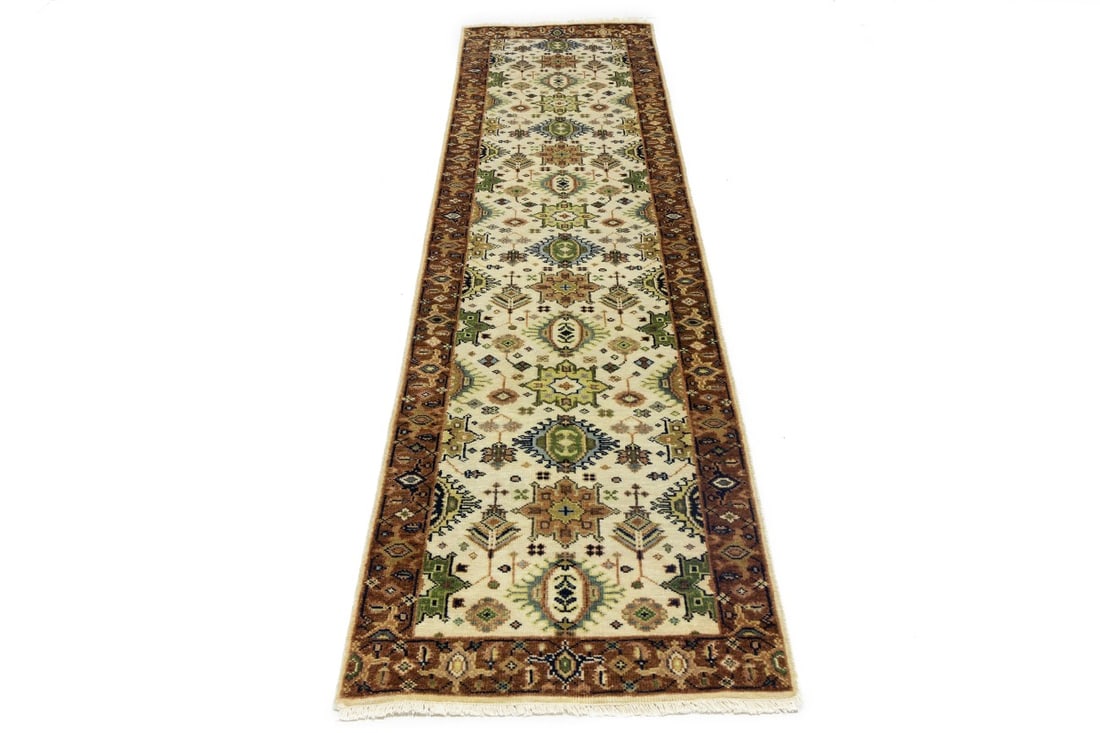 Cream & Rust Tribal Geometric 3X10 Indo-Karajeh Oriental Runner Rug - 3