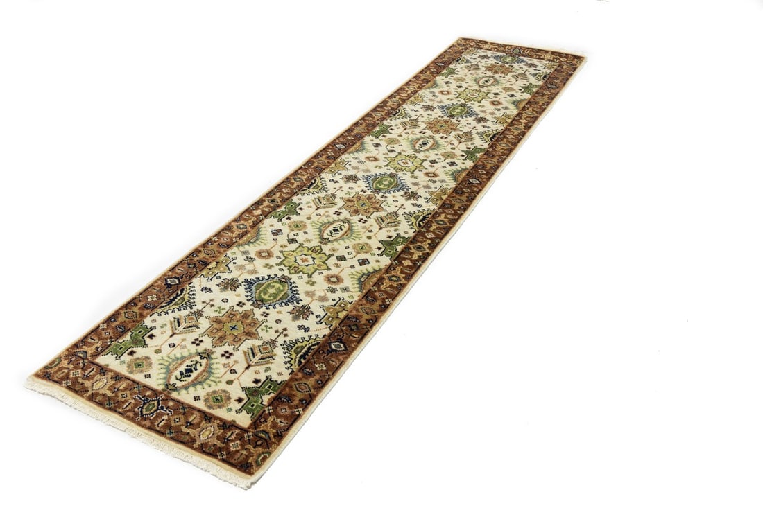 Cream & Rust Tribal Geometric 3X10 Indo-Karajeh Oriental Runner Rug - 4