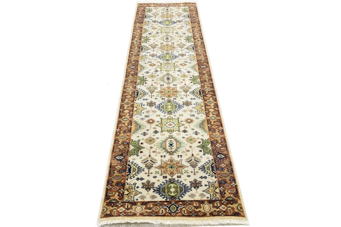 Cream & Rust Tribal Geometric 3X10 Indo-Karajeh Oriental Runner Rug - 5