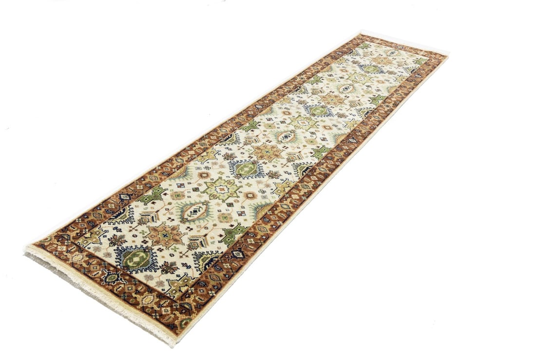 Cream & Rust Tribal Geometric 3X10 Indo-Karajeh Oriental Runner Rug - 6