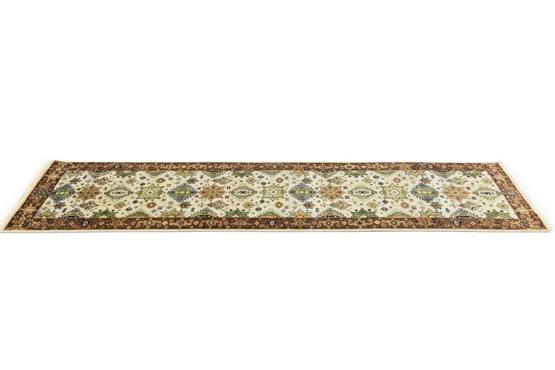 Cream & Rust Tribal Geometric 3X10 Indo-Karajeh Oriental Runner Rug - 7