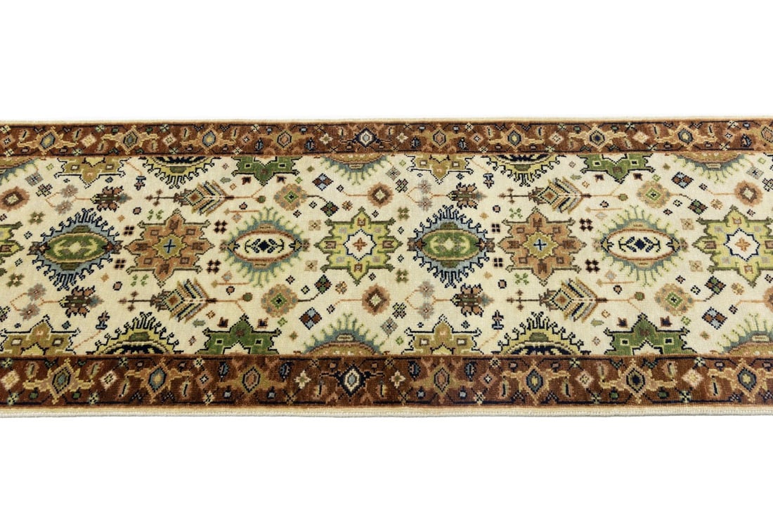 Cream & Rust Tribal Geometric 3X10 Indo-Karajeh Oriental Runner Rug - 8