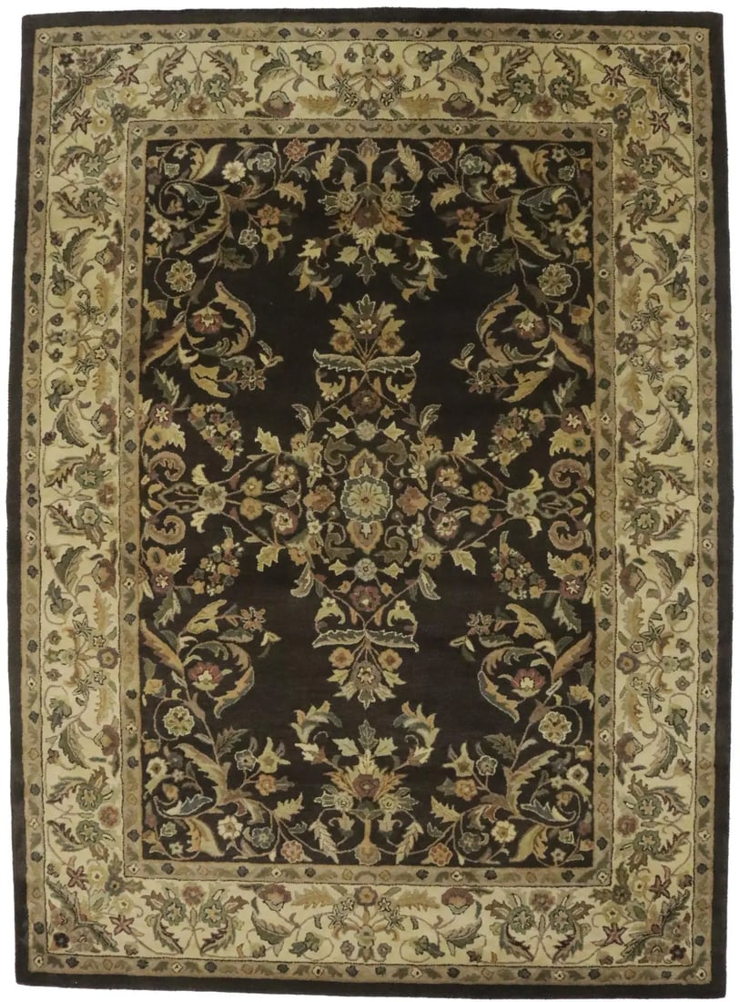 Dark Brown Floral Modern 8X11 Oriental Hand-Tufted Rug: Title: Dark Brown Floral Modern 8X11 Oriental Hand-Tufted Rug Description:Handmade 8X11 brown Oriental rug made with natural dyes (fine wool pile and cotton foundation), superior knot count, and