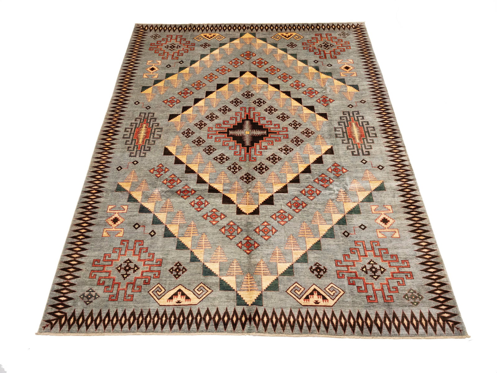 Gray Geometric Tribal 10X14 Afghan Oriental Rug: Title: Gray Geometric Tribal 10X14 Afghan Oriental Rug Description:Hand Knotted 10X14 gray Oriental rug made with vegetable dyes (fine wool pile and cotton foundation), superior knot count, and