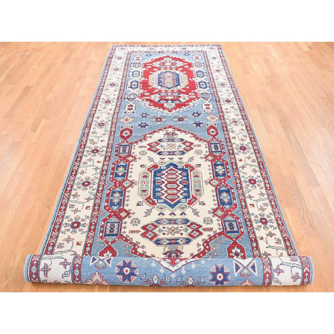 Blue, Hand Knotted, 100% Wool, Kazak, Extra Wide and Narrow Runner Rug - 2
