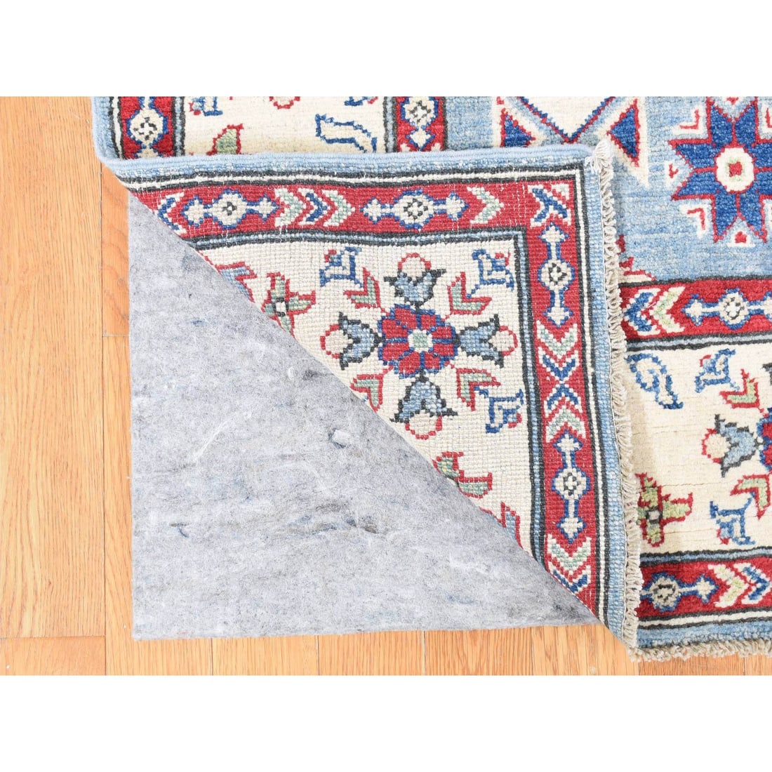Blue, Hand Knotted, 100% Wool, Kazak, Extra Wide and Narrow Runner Rug - 3