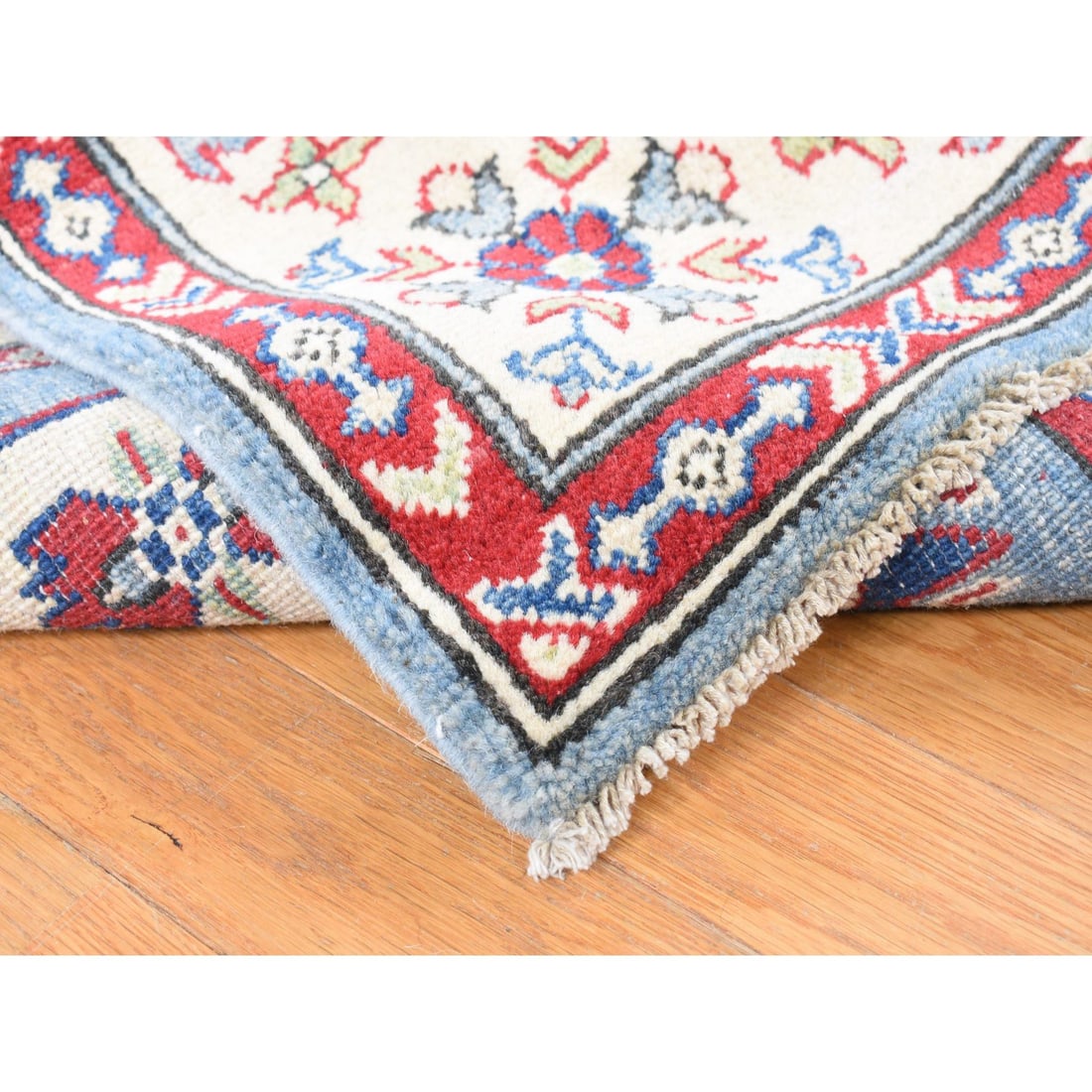 Blue, Hand Knotted, 100% Wool, Kazak, Extra Wide and Narrow Runner Rug - 4