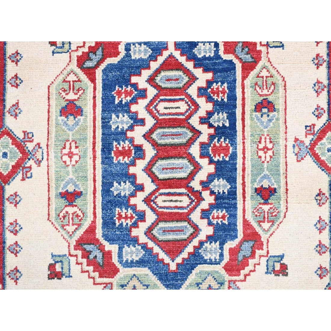 Blue, Hand Knotted, 100% Wool, Kazak, Extra Wide and Narrow Runner Rug - 6
