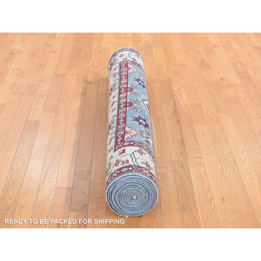 Blue, Hand Knotted, 100% Wool, Kazak, Extra Wide and Narrow Runner Rug - 7
