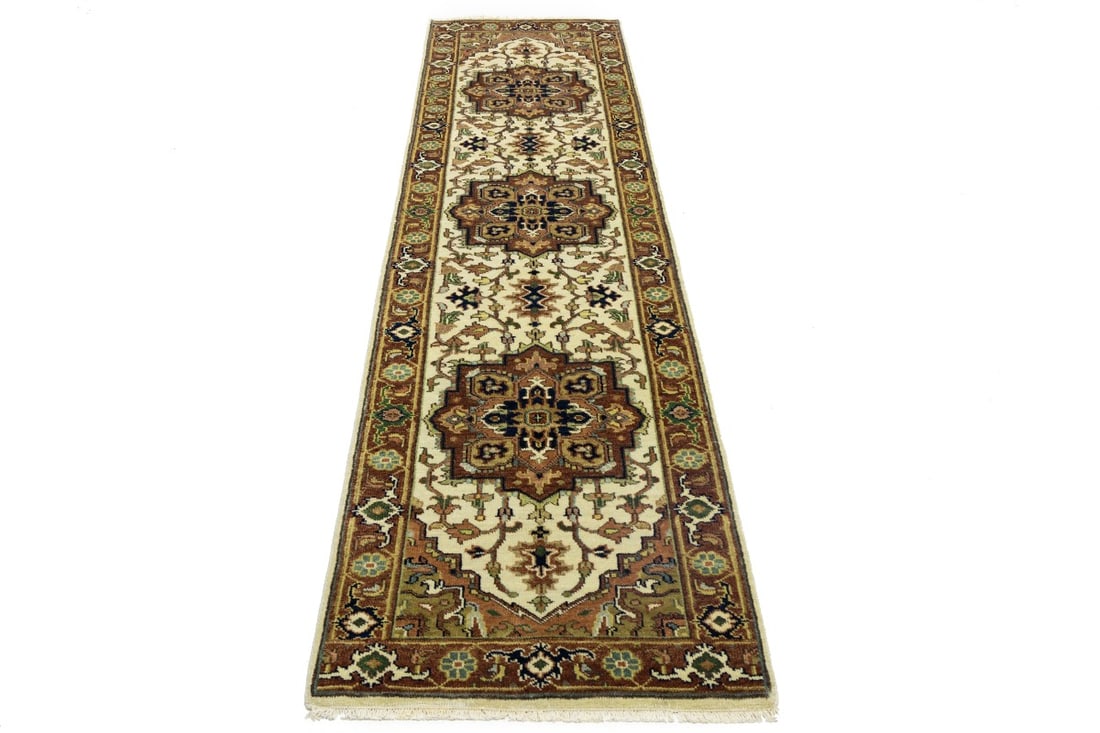 Cream Geometric 3X10 Heriz Serapi Oriental Runner Rug - 3