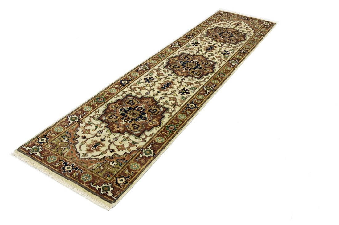 Cream Geometric 3X10 Heriz Serapi Oriental Runner Rug - 4