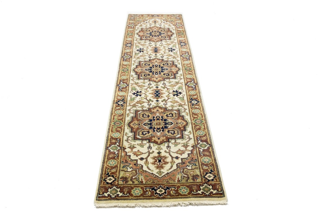 Cream Geometric 3X10 Heriz Serapi Oriental Runner Rug - 5