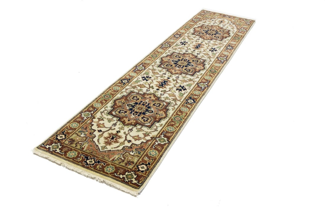 Cream Geometric 3X10 Heriz Serapi Oriental Runner Rug - 6