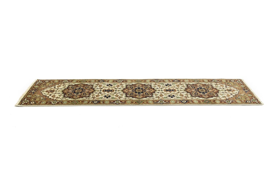 Cream Geometric 3X10 Heriz Serapi Oriental Runner Rug - 7