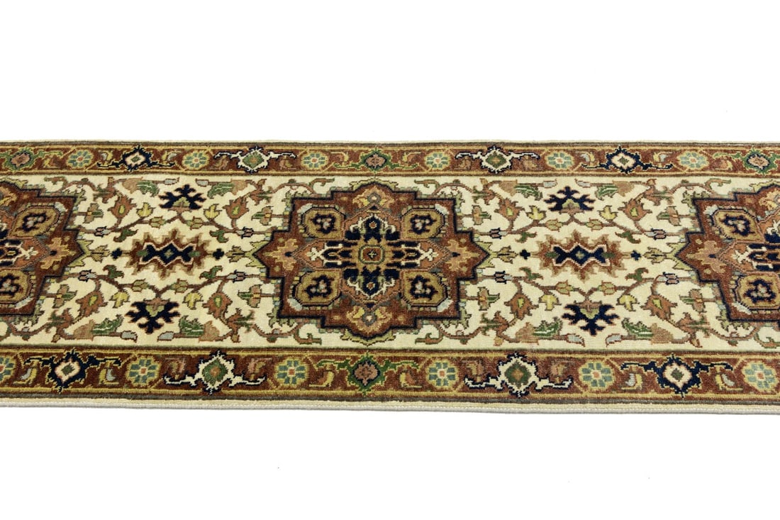 Cream Geometric 3X10 Heriz Serapi Oriental Runner Rug - 8