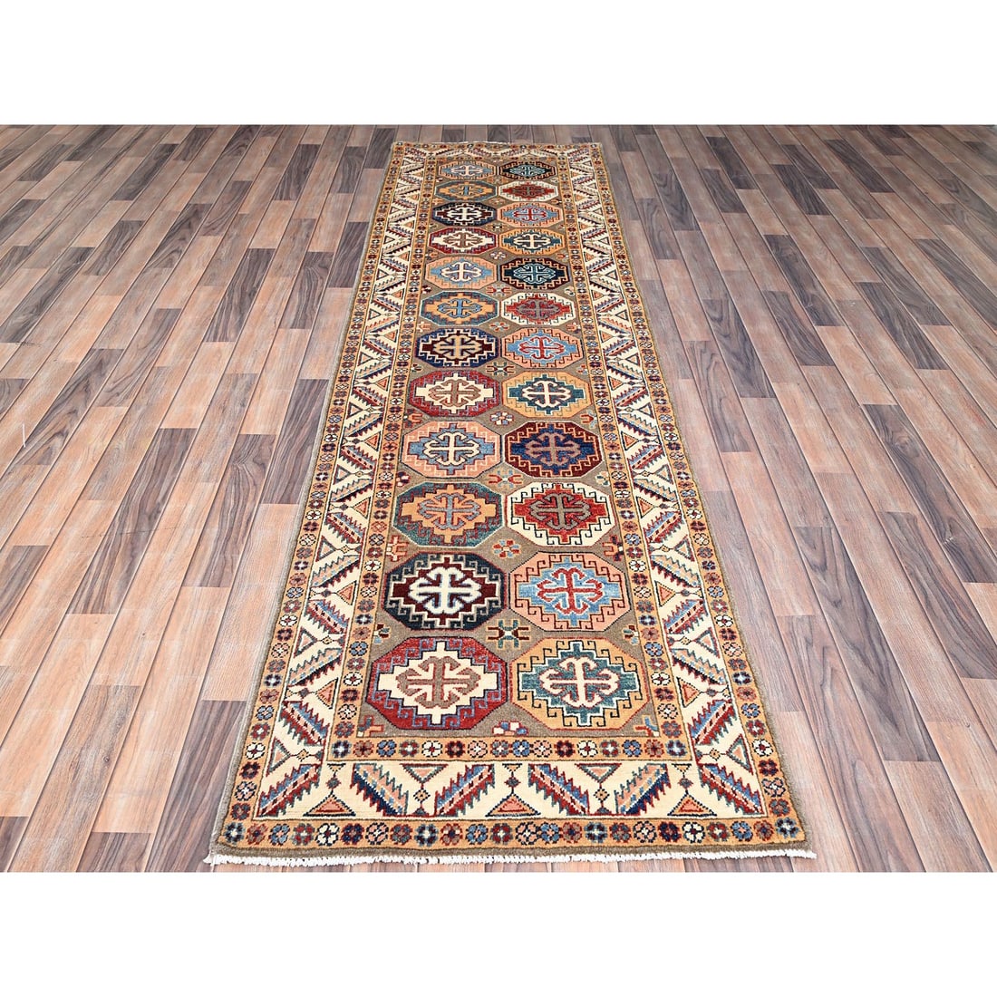 Gray Hand Knotted Special Kazak Pure Wool Wide Runner Oriental Rug - 2