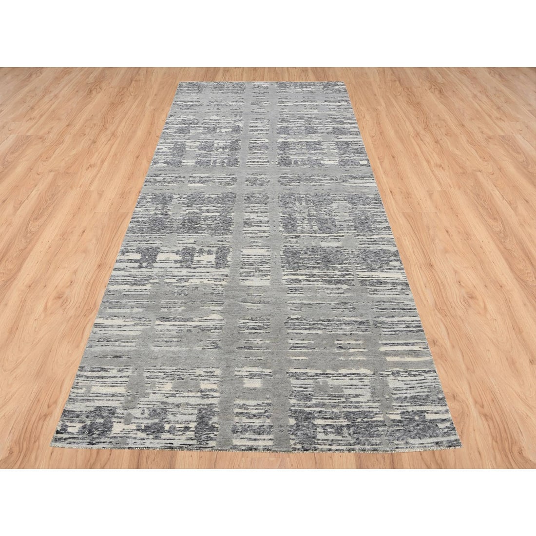 Light Gray Hand Spun Undyed Natural Wool Hand Knotted Wide Runner Rug - 2