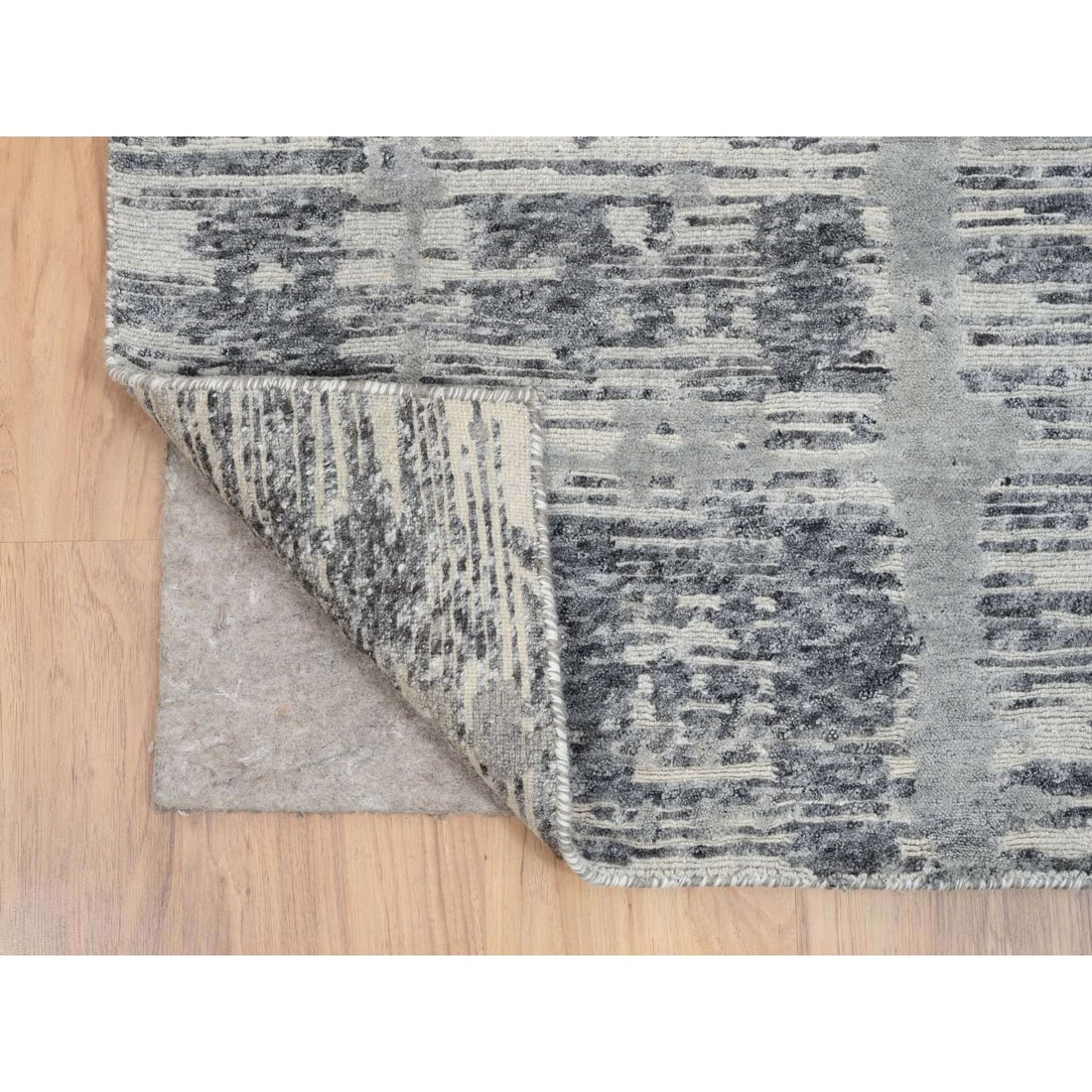 Light Gray Hand Spun Undyed Natural Wool Hand Knotted Wide Runner Rug - 3