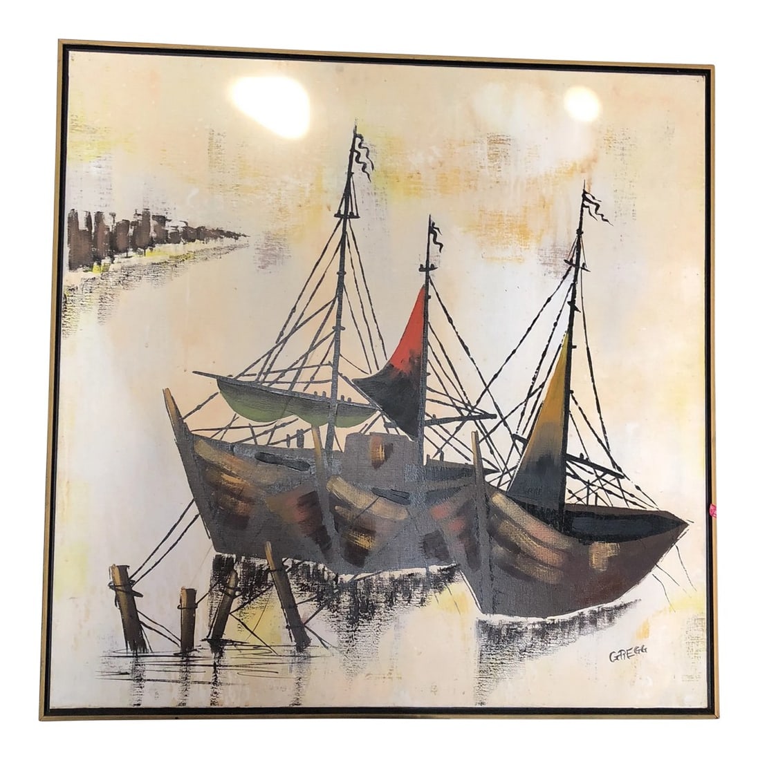 1970s Vintage Oil on Canvas Boat Painting: Stunning mid-century oil on canvas boat painting. Perfect for the interior designer and perfect for any space. Great condition. Great detail! Condition: Alterations: Original Condition Unaltered