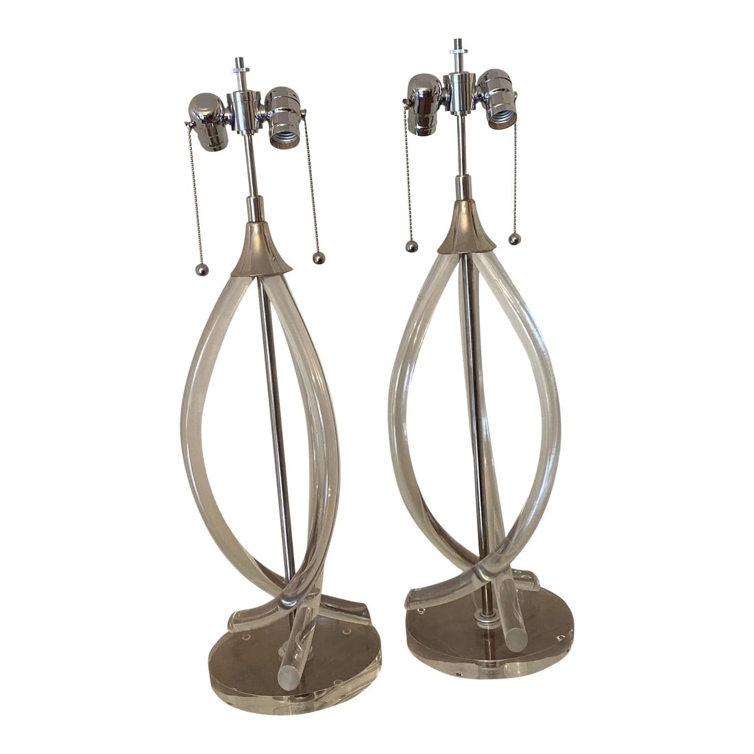 Mid-Century Lucite & Chrome Table Lamps - A Pair: Midcentury Dorothy Thorpe Lucite helix table lamp produced in the 1960s in excellent vintage condition. These amazing lamps measure 28 inches to the top of the finial. ORIGINAL CHROME HARDWARE, along