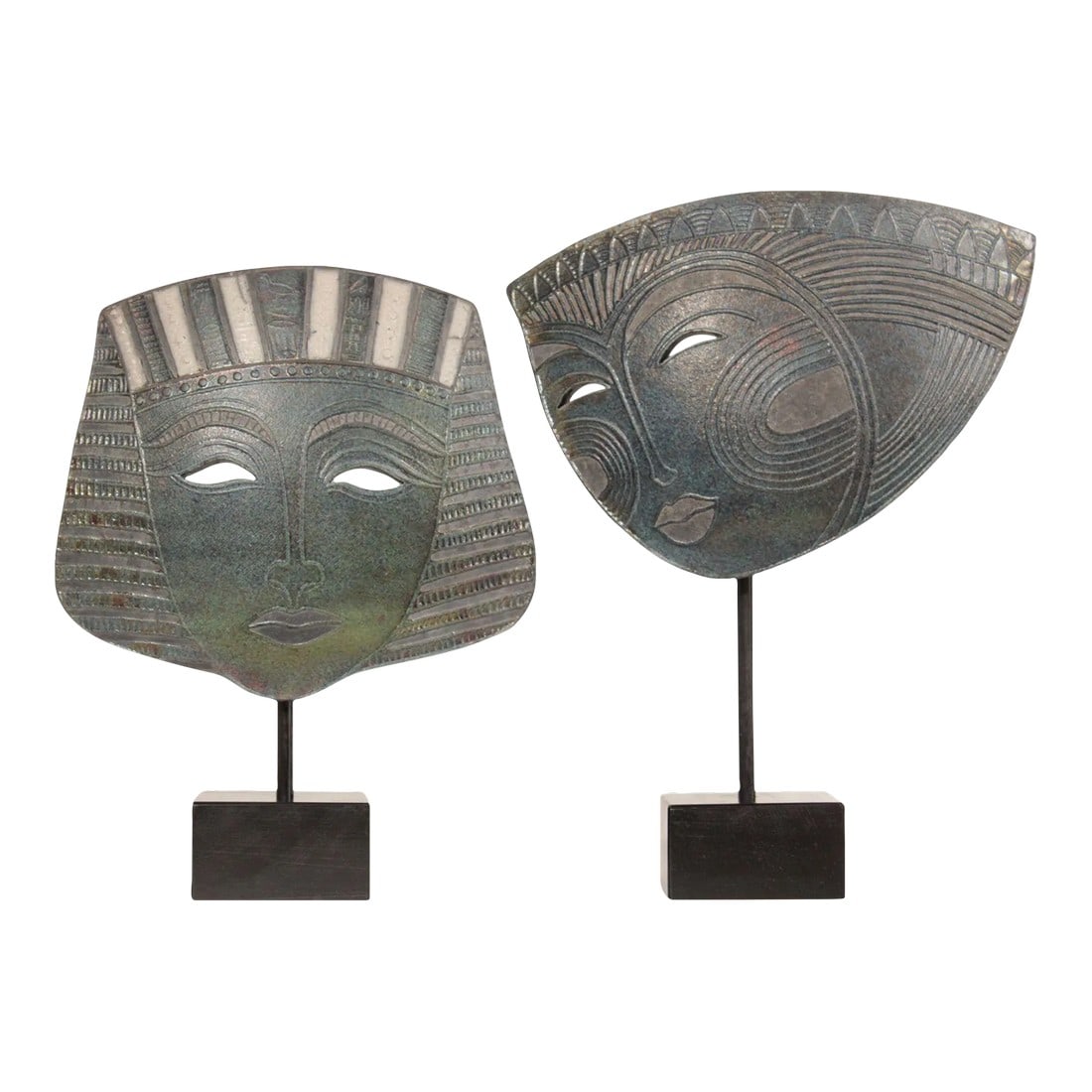 Jacinthe Bruneau Pair Tribal Mask Raku Ceramic Sculptures: Vintage Set Of Two Tribal Style Mask Ceramic Sculptures by Jacinthe Bruneau (Canadian, 20th/21st C.), Mounted on Black Painted Wood Bases, Signed on the Base Condition: Alterations: Original