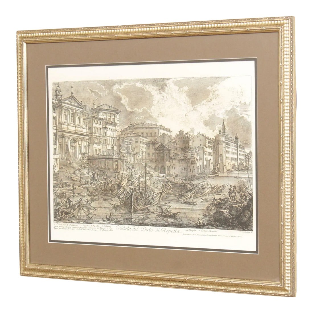 Italian 'Veduta del Porto di Ripetta' Lithograph, After Giovanni Battista Piranesi: Vintage Reproduction Lithograph After Giovanni Battista Piranesi (Italian, 1720-1778), 'Veduta del Porto di Ripetta'-The Smaller Harbor, Called the Porto di Ripetta, Custom Gilt Silver Frame