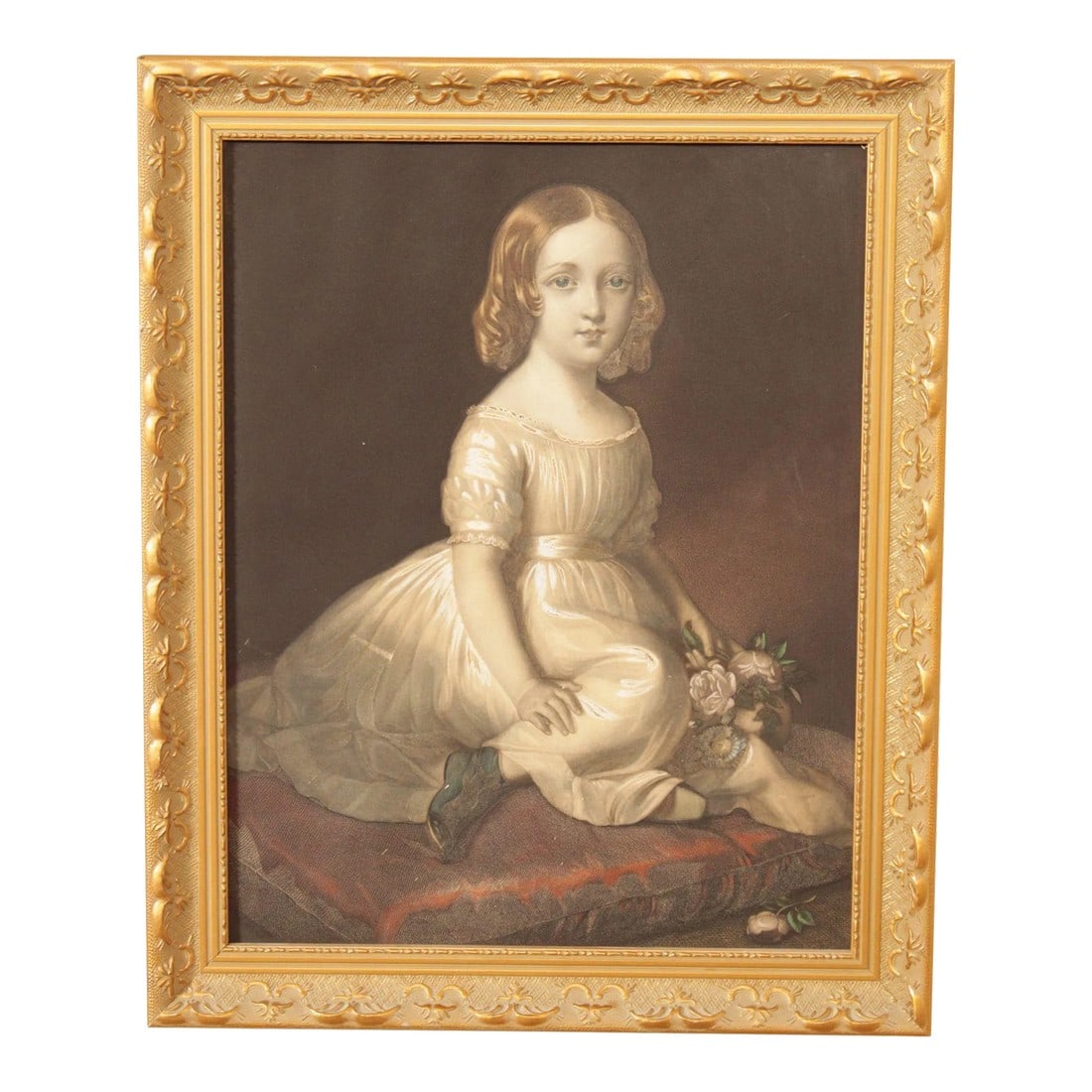 Victorian 'Rose de Maie' Young Girl Portrait Print, Custom Framed: High Quality Victorian Portrait of Young Girl Holding Roses, Lithograph Print After Mid 19th Century Engraving, Custom Gilt Gold Frame Condition: Alterations: Original Condition Unaltered
