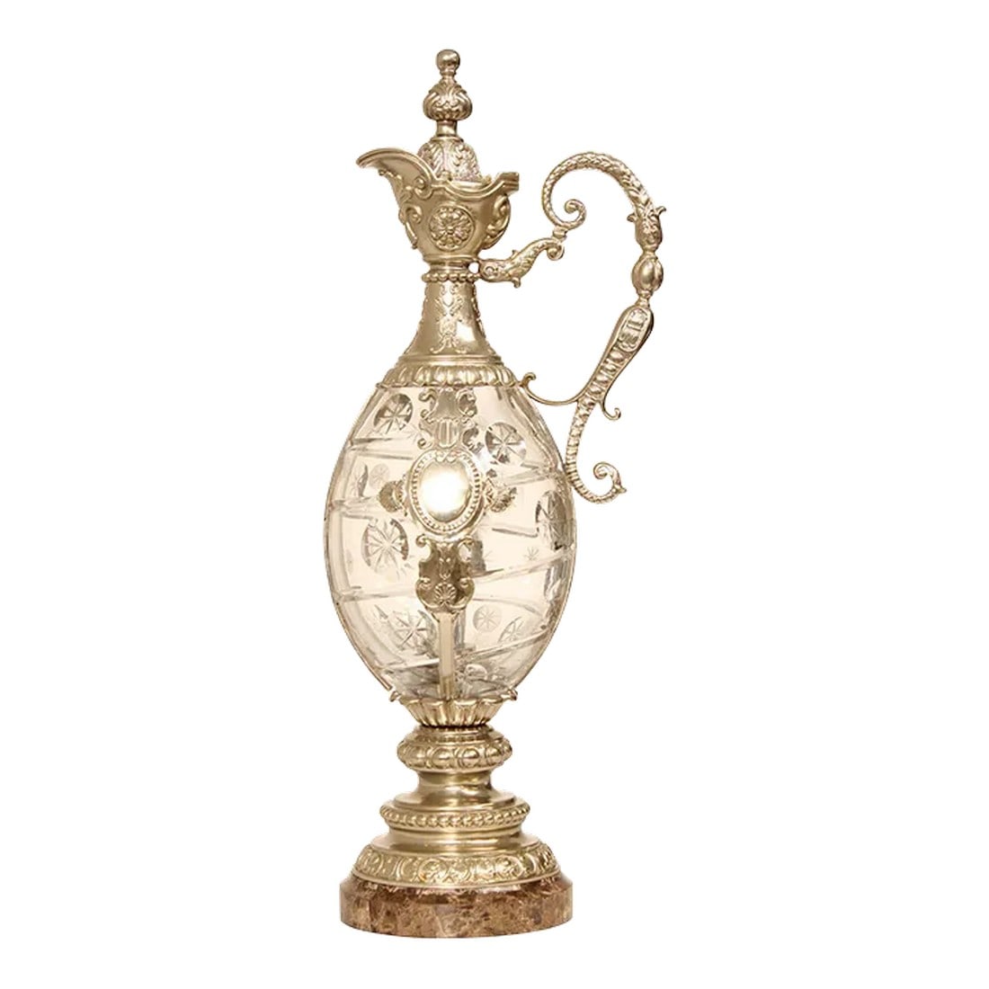 Maitland Smith Victorian Style Cut Crystal Silver Plated Ewer Pitcher: High Quality 19th Century Style Cut Crystal and Silver Plated Pitcher or Wine Claret Mounted on Marble Base Condition: Alterations: Original Condition Unaltered Imperfections: Some Imperfections