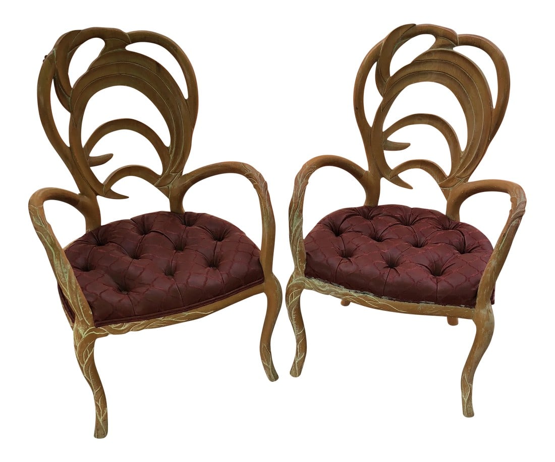 Tufted Wooden Leaf Faux Bois Chairs - A Pair: Beautiful wooden art nouveau style chairs with leaf details. Floor to seat is 17 inches with tufted burgundy pattern on upholstery. Condition: Alterations: Original Condition Unaltered Imperfections: