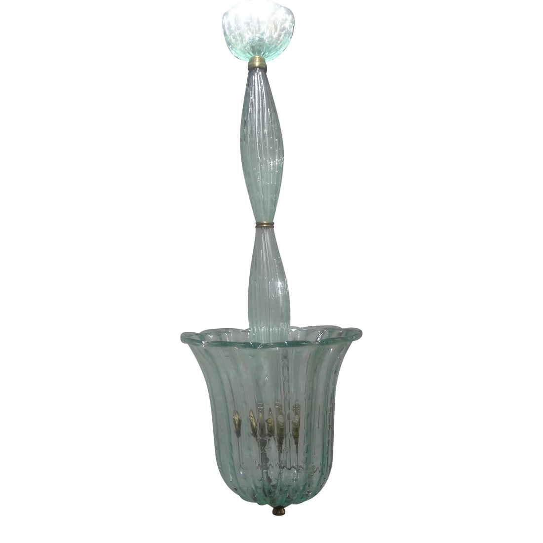 1970s Vintage Murano Glass Lantern by Barovier & Toso: Vintage Murano Glass Lantern By Barovier & Toso. This lovely mid century Murano glass lantern is made of a soft green blown glass with controlled bubbles accented with brass. This unusual Murano