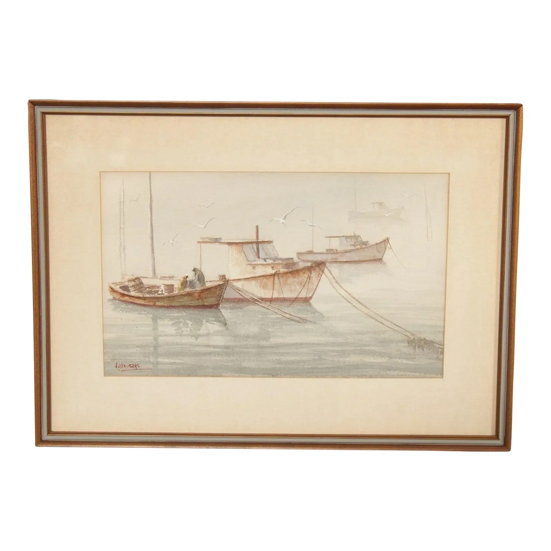 20th Century Fishing Boats at Anchor Watercolor Painting Signed Rolandas Vilkauskas: Vintage Original Watercolor Painting on Paper of Fishing Boats Anchored in Harbor, Signed on the Lower Left, Custom Framed By Rolandas Vilkauskas Condition: Alterations: Original Condition Unaltered