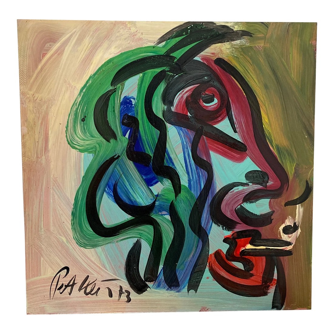 Peter Keil Original Abstract Portrait Painting on Board 1973: Peter Keil is a German artist that focuses primarily on abstract expressionism. Keil painted with some of the greats including Joan MirÃ³, Pablo Picasso and Andy Warhol, to name a few. This