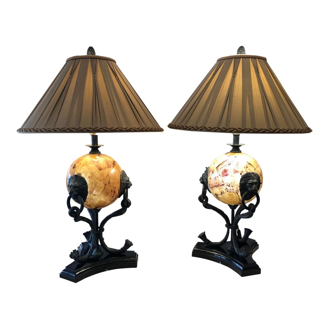 Maitland Smith Bronze Table Lamps With Illuminated Orbs- a Pair: Impressive ornate pair of very fancy table lamps having shell orbs that are an additional source of light with a primary single socket above. Bronze lions with rings in their mouths adorn the spheres 