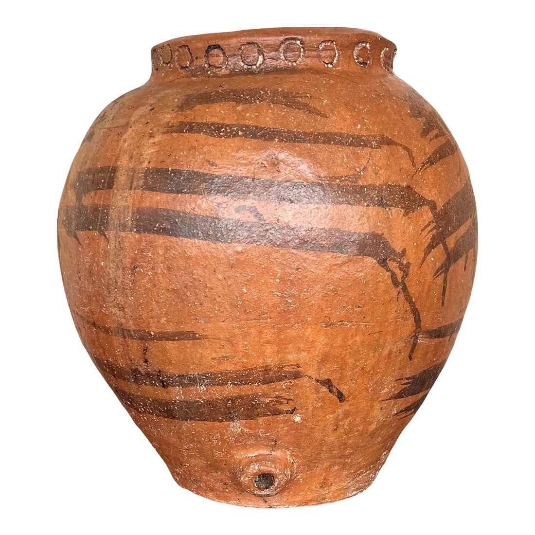 18th Century Handmade Terracotta Olive Jar, Vase With Two Handles, Spain: This is a terracotta olive jar from central Spain. It has a wonderful aged patina with chalky painted finish. It makes a great statement as a sculpture in a room on a pedestal, alone or with a plant.