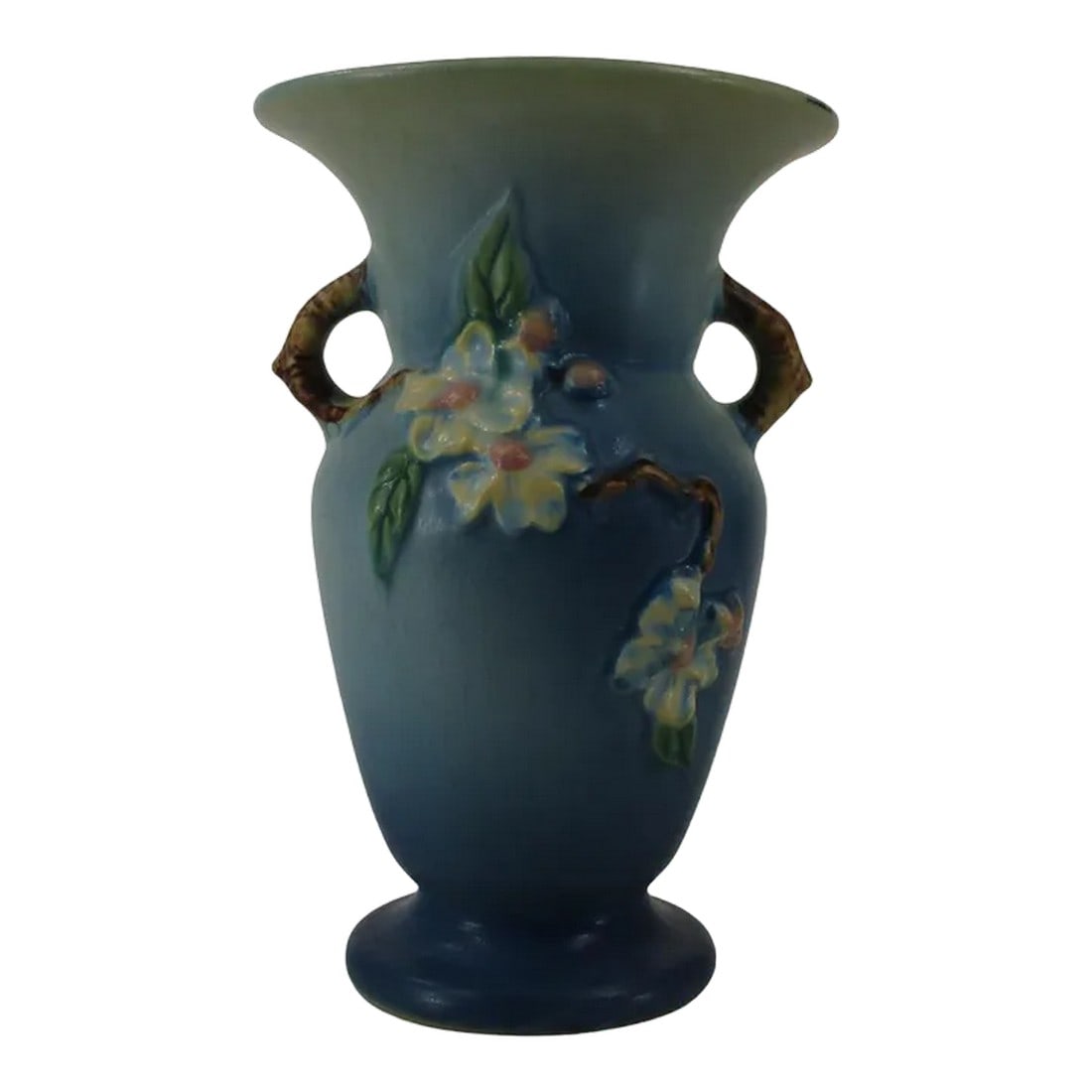 Early 20th Century Blue Roseville Pottery Apple Blossom Vase: Blue Roseville Pottery Apple Blossom Vase 385-8" Vintage Roseville Blue Apple Blossom Vase. Beautiful vase with vibrant colors and a matte glaze. The vase measures 8 inches tall with a 5.25 inch