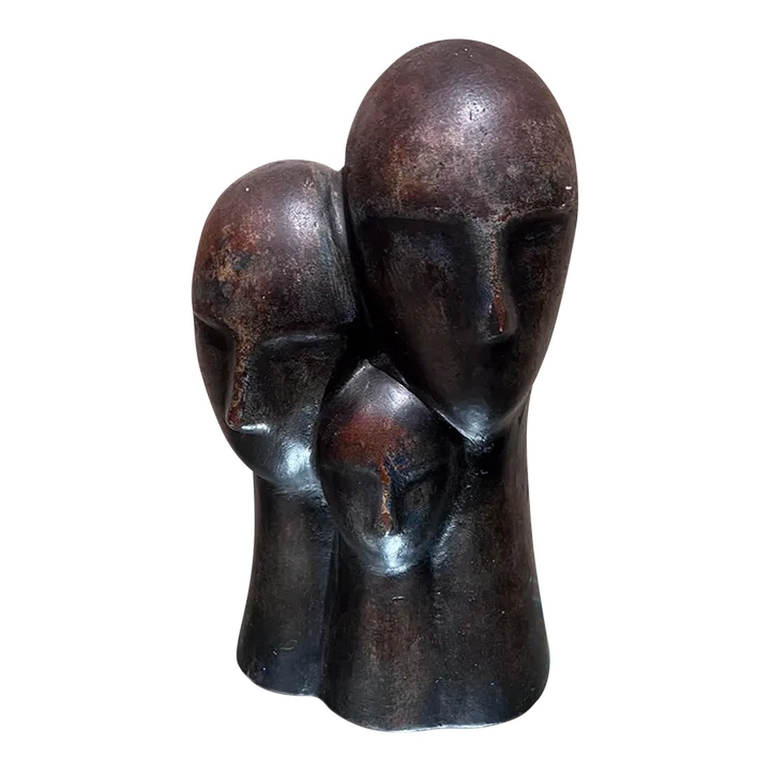 1970s Modernist 3-Head Sculpture Terracotta Bronze Art: AMBIANIC presents 1970s Art Pottery 3-Head Abstract Sculpture Terracotta with faux bronze patina. 15.5 h x 8 w x 6 d No information available on maker Preowned vintage condition unrestored. Please