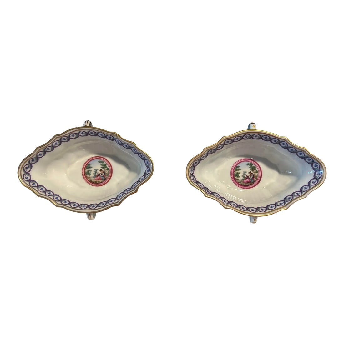 Pair, Richard Ginori Italian "Elba" Pattern Porcelain Open Sauce Boats: Pair, Richard Ginori Italian "Elba" Pattern Porcelain Open Sauce Boats. Each open sauce boat with small handles. Decorated with a blue intertwining ribbon to exterior and a victorian style figural