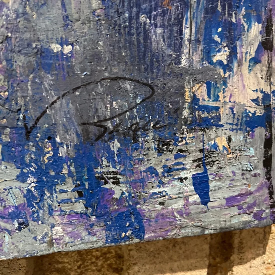 City Landscape Art Abstract Modern Blue Oil Painting on Wood - 2