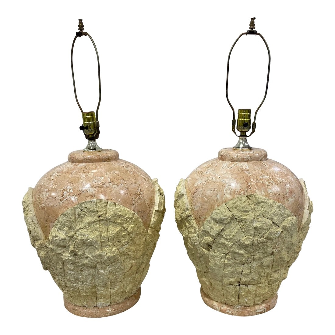 1980s Maitland Smith Style Tessellated Pink Stone Inlay Lamps ~ a Pair: A pair of Maitland Smith style tessellated stone table lamps with inlay. Beautiful unpolished rough stone design with refined marble pieces! No cracks or chips, they work but 100% would get them
